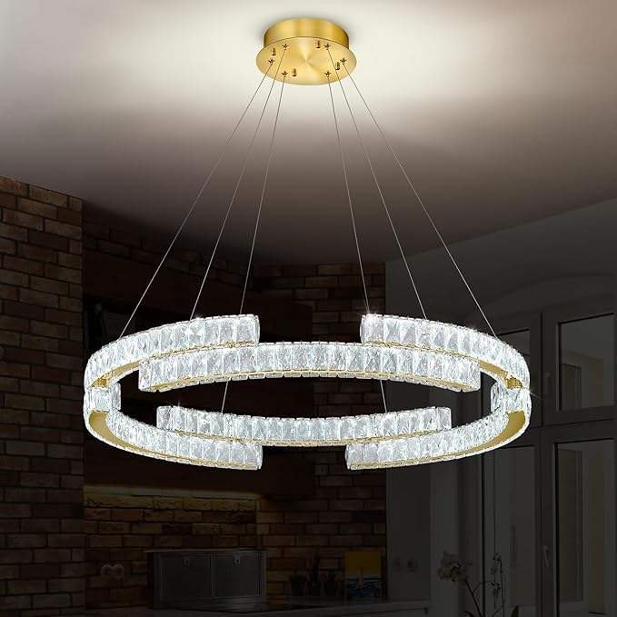Modern LED Gold Ring Chandelier for Living Room Dinning Room 32in Crystal Ring Pendant Light Dimmable 3000k-6000k
