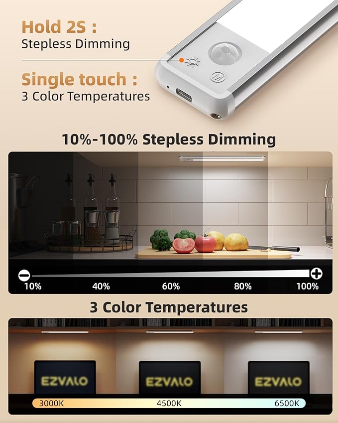 EZVALO 8-Inch LED Under Cabinet Lighting, Magnetic Wireless Motion Sensor Light, Rechargeable 1800mAh, 3 Color Temperatures & Dimmable, for Kitchen, Closet, Pantry, Stairs