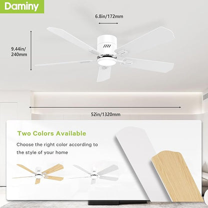 DAMINY 52 inch 5 Blades White Ceiling Fans with Lights,Flush Mount,6CCT, Low Profile Ceiling Fan with Light and Remote Control,DC Motor,Ceiling Fan for Bedroom, Kitchen,Living Room,Indoor/Outdoor Use