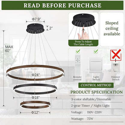 LED 3 Ring Chandelier Dining Room Modern Black Chandelier with Remote Control Dimmable High Ceiling Pendant Light for Entry Foyer Living Room Bedroom Kitchen Island, 75W