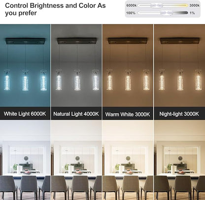 Pendant Lights Kitchen Island with Remote Control, Dimmable Brushed Nickel & Clear Cylinder, Adjustable Height Kitchen Pendant Lights, Island Lights for Kitchen, Modern Lighting Fixture