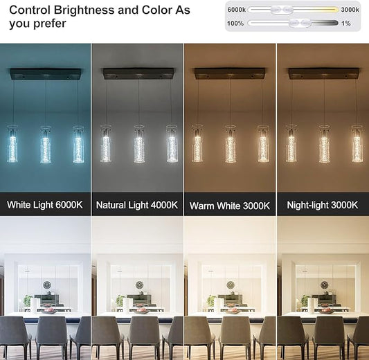 Pendant Lights Kitchen Island with Remote Control, Dimmable Brushed Nickel & Clear Cylinder, Adjustable Height Kitchen Pendant Lights, Island Lights for Kitchen, Modern Lighting Fixture