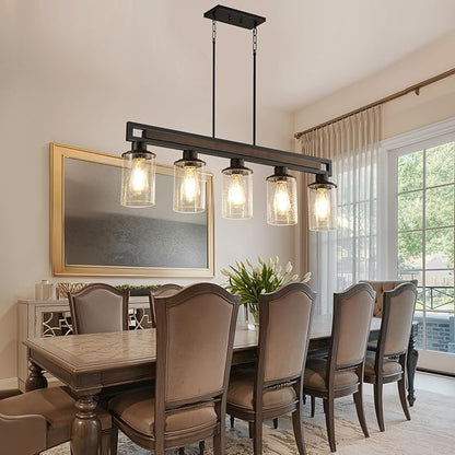 Farmhouse Dining Room Light Fixture, 5-Light Wood Kitchen Island Lighting for Dining Room Over Table, Black Adjustable Pendant Light with Seeded Glass Shades, Linear Chandeliers Lighting for Kitchen