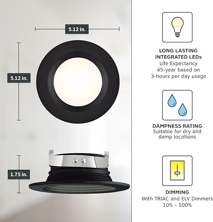 DESIGNERS FOUNTAIN LED Recessed Ceiling Light, 4 Inch 5CCT Downlight Metal Lighting Fixture, Dimmable, 1000 Lumens, 2700K/3000K/3500K/4000K/5000K, Black Baffle Retrofit Trim, EVL40893T50BK