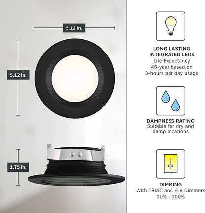 DESIGNERS FOUNTAIN LED Recessed Ceiling Light, 4 Inch 5CCT Downlight Metal Lighting Fixture, Dimmable, 1000 Lumens, 2700K/3000K/3500K/4000K/5000K, Black Baffle Retrofit Trim, EVL40893T50BK