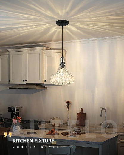 AUTELO Black Pendant Lights Kitchen Island, 10" Hammered Pendant Lights, Industrial Hanging Lamp in Matte Black Finish and Clear Hammered Glass, Pendant Light Fixtures for Dining Room, H9164 HMBK