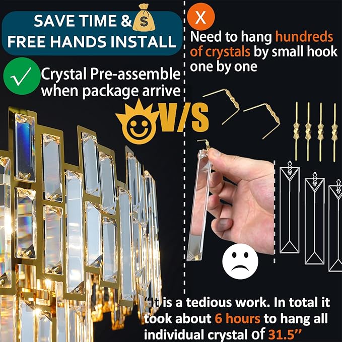 Gold Crystal Chandelier Lighting Foyer Hall Entry Way Chandeliers Light Fixture for High Ceiling Sloped Pendant Hanging French Empire Style Round Large 31.5 inch