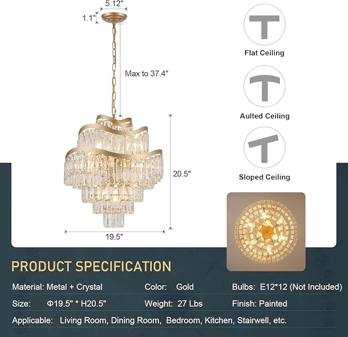 7-Tier Luxury Gold Crystal Chandelier 12 Lights 20" Modern K9 Crystal Pendant Chandelier Light Fixture for Living Room Dining Room Bedroom Kitchen Foyer Entryway, E12