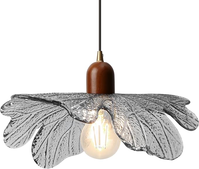 Light Gray Petal Glass Pendant Light Modern Mid Century Chandelier Height Adjustable Hanging Ceiling Light Fixture for Kitchen Island Dining Room Bedroom Living Room Hallway