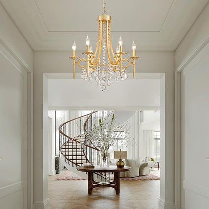 Modern Crystal Chandeliers for Dining Room, 6-Lights Gold Round Chandelier for Entryway, Crystal Chandelier Pendant Ceiling Lighting Fixture for Living Room Bedroom Kitchen Island Foyer Staircase