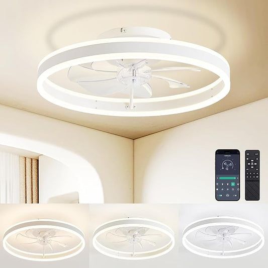 Ceiling Fans with Lights and Remote Fandelier 20''- Low Profile Modern - Flush Mount Ceiling Fans for Bedroom,Stepless Color Temperature and 6 Speeds - White