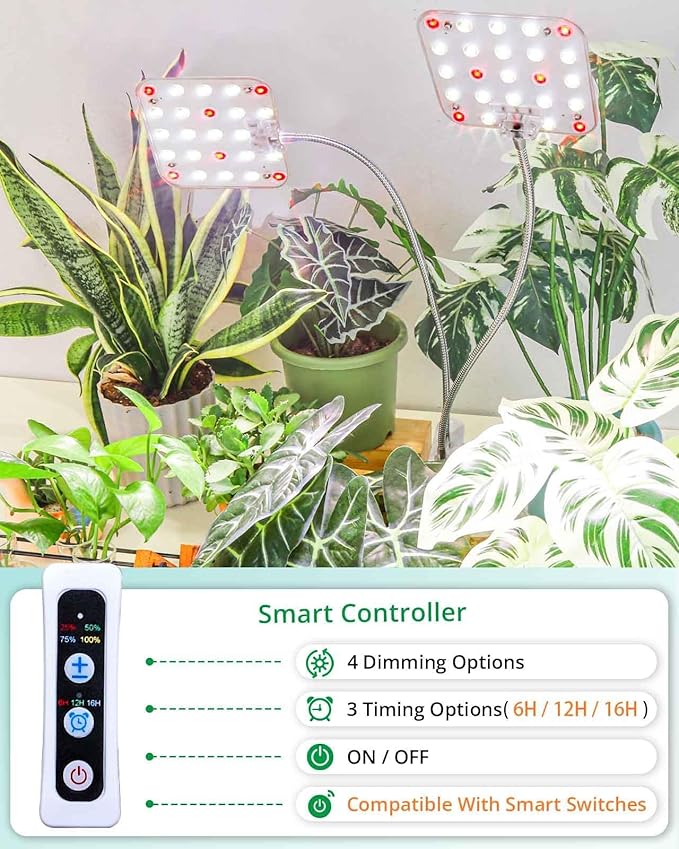 Plant Light, Dimmable Desk Clip on Plant Light for Indoor Plants with 6/12/16h Timer, Gooseneck Grow Lamps, Full Spectrum for Seeding, Succulent, Potted Plants, 2-Head