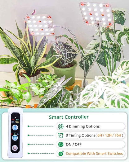 Plant Light, Dimmable Desk Clip on Plant Light for Indoor Plants with 6/12/16h Timer, Gooseneck Grow Lamps, Full Spectrum for Seeding, Succulent, Potted Plants, 2-Head
