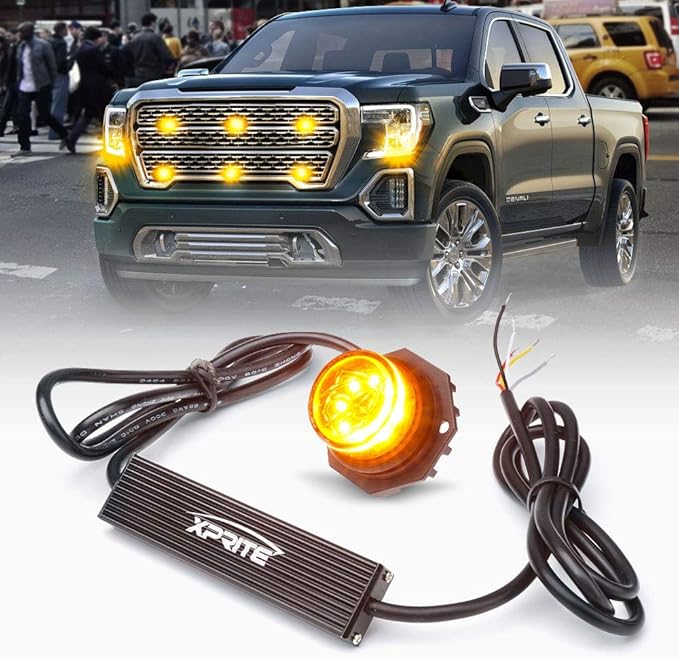 Xprite Hideaway Strobe Lights Amber LED Strobe Light Kit with 14 Flash Patterns Grill Strobe Lights for Trucks Surface Mount Headlight Taillight Emergency Warning for Work and Tow Vehicles - 1PC