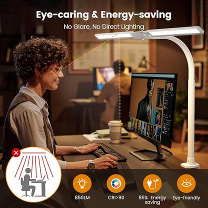 SIBRILLE Upgraded LED Desk Lamp for Home Office with RGB, Rotatable Computer Desk Light with Remote, Tall Table Lamp with Clamp for Working, Dimmable Dual Head Task Lighting for Monitor PC, 22W