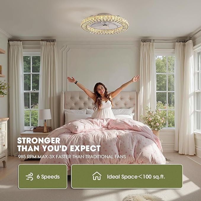 LUDOMIDE 22" Modern Crystal Chandelier Ceiling Fan With Light, Smart 4-Light Color Change, LED Fandelier, Low Profile for Bedroom (Silver)