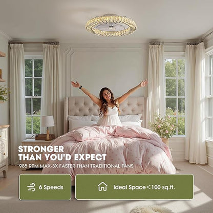 LUDOMIDE 22" Modern Crystal Chandelier Ceiling Fan With Light, Smart 4-Light Color Change, LED Fandelier, Low Profile for Bedroom (Silver)