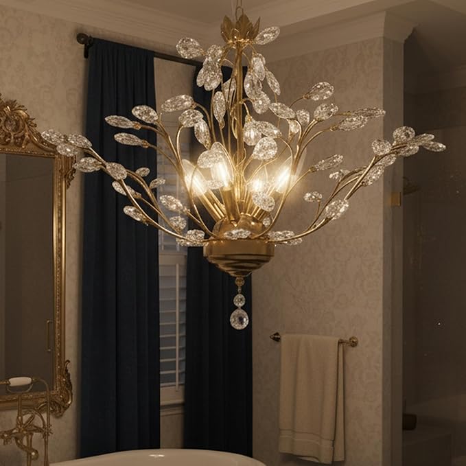 Maxax Gold Crystal Chandelier, 4-Light K9 Crystal Pendant Light, Adjustable Electroplated Ceiling Fixture for Dining Room, Living Room, Bedroom, and Foyer, 18.1" D x 58" H