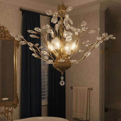 Maxax Gold Crystal Chandelier, 4-Light K9 Crystal Pendant Light, Adjustable Electroplated Ceiling Fixture for Dining Room, Living Room, Bedroom, and Foyer, 18.1" D x 58" H