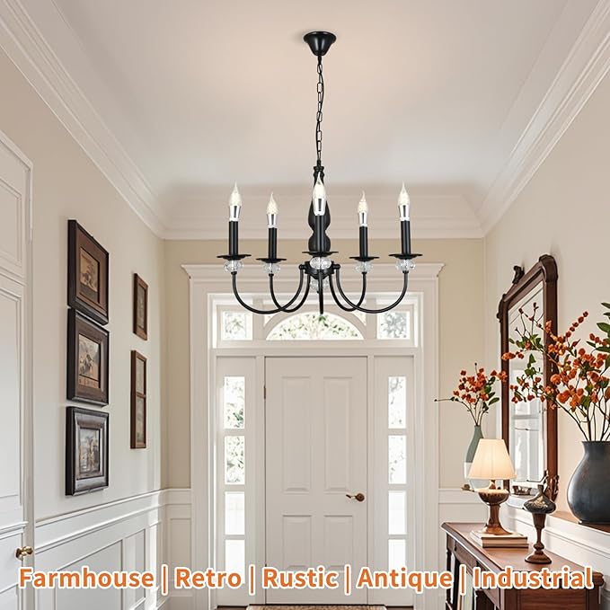 Black Chandelier, 5-Light Farmhouse Candle Chandelier for Living Room, Rustic Industrial Pendant Chandeliers for Dining Room, Vintage Crystal Hanging Light fixture for Hallway Kitchen Foyer E12