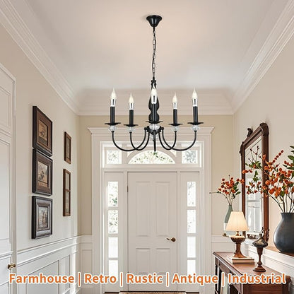 Black Chandelier, 5-Light Farmhouse Candle Chandelier for Living Room, Rustic Industrial Pendant Chandeliers for Dining Room, Vintage Crystal Hanging Light fixture for Hallway Kitchen Foyer E12