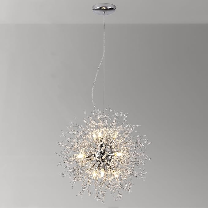 Small Dandelion Chandelier, 9 Lights Modern Firework Crystal Chandelier, Chrome Sputnik Pendant Light Fixture for Kitchen Island Dining Room Bedroom