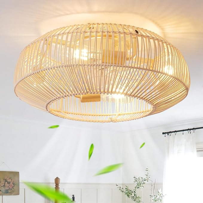 20'' Boho Rattan Ceiling Fan with Light, Coastal Caged Ceiling Fans with Lights and Remote Control, Enclosed Hidden Flush Mount with Reversible 6 Speeds for Living Room Bedroom Nursery