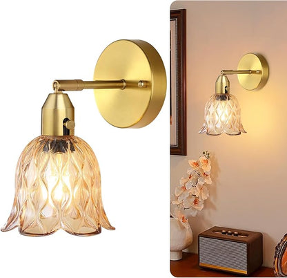 Vintage Wall Sconces - Hardwired Wall Lights with Amber Tulip Glass Shade,Brass Wall Lamps for Bathroom Bedroom Stairway Bathroom Living Room Corridor(Bulbs Not Included,E26 Socket)