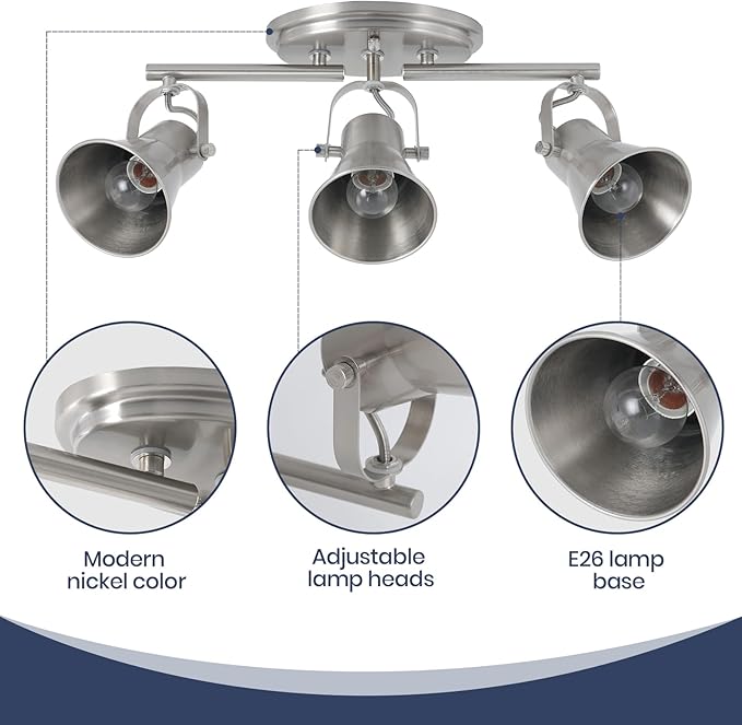 Nickel 3-Light Track Lighting Kit, Directional Ceiling Light Fixtures, Industrial Kitchen Lighting for Island, Over Table, Hallway，Laundry Room