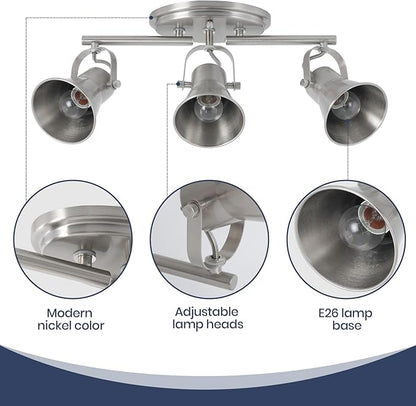 Nickel 3-Light Track Lighting Kit, Directional Ceiling Light Fixtures, Industrial Kitchen Lighting for Island, Over Table, Hallway，Laundry Room