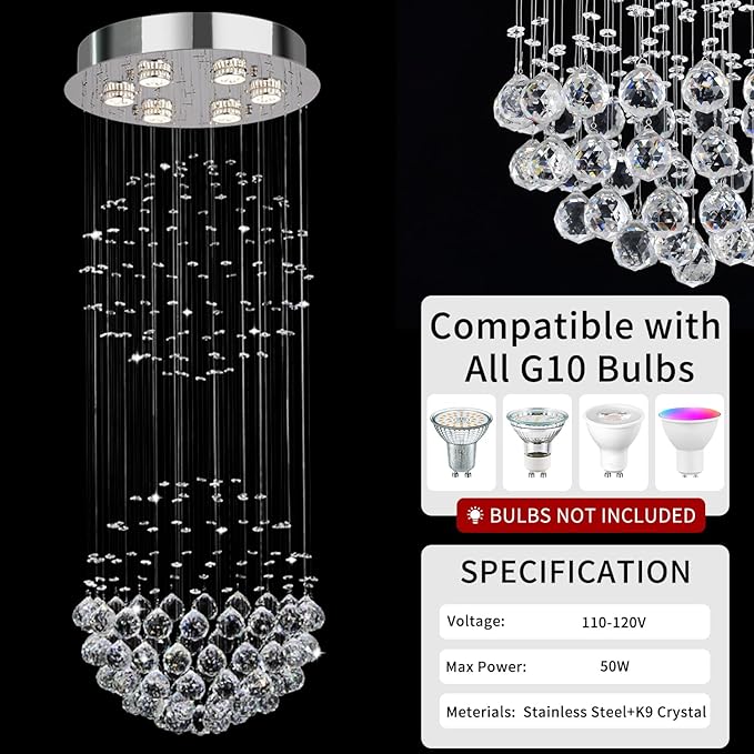 Crystal Modern Chandelier Contemporary 2 Balls Raindrop Crystal Chandelier Flush Mount Cylinder Chandelier Light Fixture Ceiling Lamp for Dining Room Living Room Kitchen Foyer Hallyway Bar
