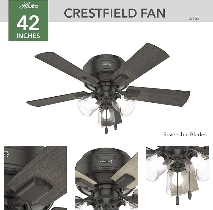 Hunter 42 inch Indoor Ceiling Fan with LED Lights and Pull Chain - Low Profile Flush Mount Ceiling Fan, 5 Blades, For Bedroom, Living Room, or Kitchen, Quiet - Crestfield 52153, Noble Bronze