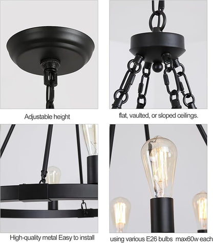 AMZASA Farmhouse 8-Lights Black Industrial Wagon Wheel Chandelier Light Fixture for Foyer Dining Room Kitchen Living Room Entryway Dia27 Inches UL Listed