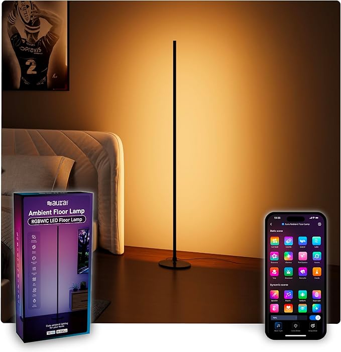 Aura Labs LED Corner Floor Lamp - RGBICW 4 Billion Colors - 90+ CRI & 1000 Lumens - App & Voice Control, Music Sync LED Lights - Standing Floor Lamp - Ambient Lighting - Bedroom, Living Room - 53 Inch