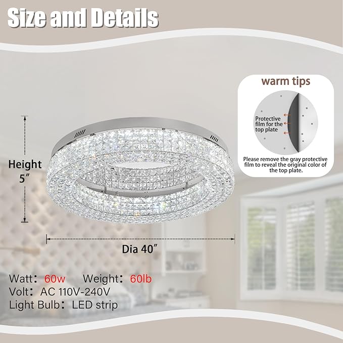 ykolupty 40'' Crystal Chandelier Light Fixture Large Chandelier for Living Room Crystal Flat Mounted Ceiling Lights Dining Room Bedroom Dimmable 2700-6000K