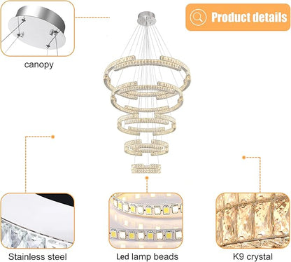 Modern Large Ring Chandelier Lighting, LED 5 Ring Crystal Chandelier High Ceiling Foyer Chandeliers for Staircase Living Room Silver D47.5''+D40''+D32''+D24''+D16''