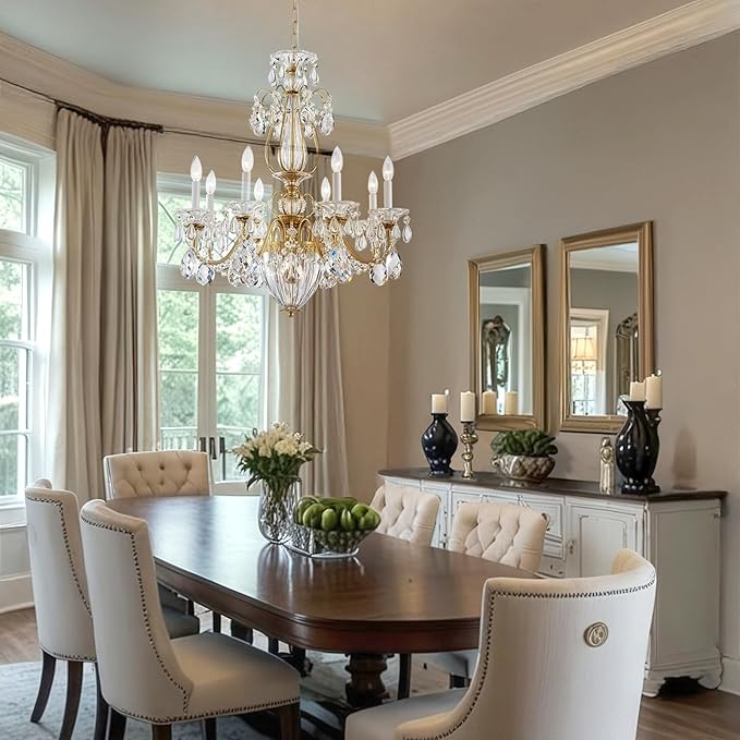 Crystal Chandelier for Dining Room, 8-Light Vintage Brass Chandelier, Pendant Ceiling Light Fixture for Living Room Hallway Entryway Foyer Staircase 30.3" H x 26.8" D