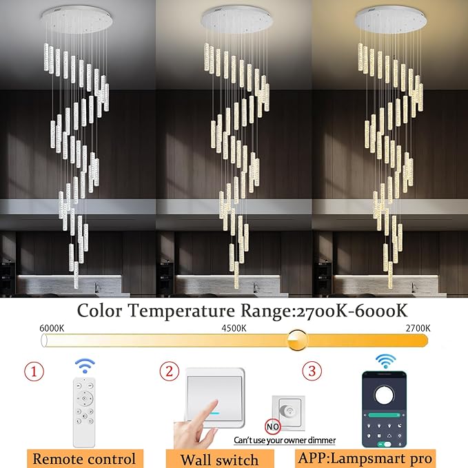 150in Long Crystal Chandelier Large Spiral Stair Chandeliers for High Ceilings Foyer Entryway Flush Mount Ceiling Lights 36-Light Silver LED Dimmbale
