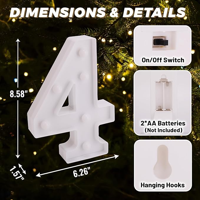 LED Light Up Marquee Letters, Battery Powered Decorative LED Letter Lights, Alphabet Light Up Letters for Wedding Birthday Party,Holiday Lamp or Home Bar Decoration (Number 4)