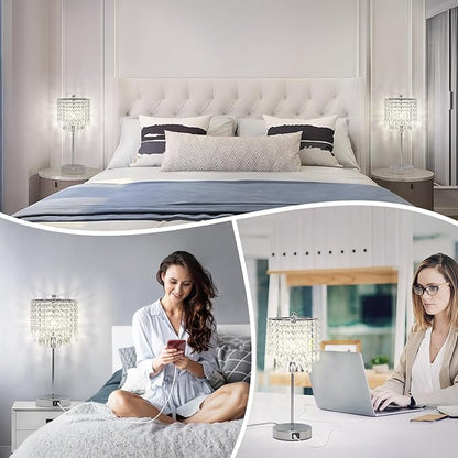 Crystal Table Lamp Set of 2 Touch Control, Crystal Lamps with USB Ports Elegant Shade Bedside Lamp Silver, Dimmable Touch Table Lamp for Nightstand Bedroom Living Room, 4W LED Bulb Included