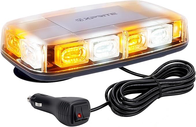 Xprite Upgraded 12" 72LED Rooftop Mini Strobe Lights, Emergency Safety Flashing Beacon Light Bar with Magnetic Base for 12V-24V Construction Vehicles, Trucks, Snow Plow, Postal Car (Mix White/Amber)