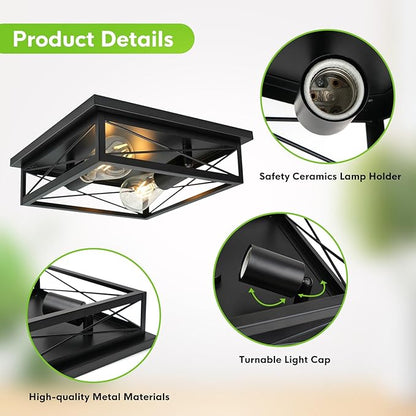 2 Pack Farmhouse Ceiling Light Fixture - 12 Inch Big Industrial Square Modern Black Flush Mount Ceiling Light for Kitchen, Hallway, Bedroom, Balcony, Porch, Stairway, E26 (Black, 12 Inch)