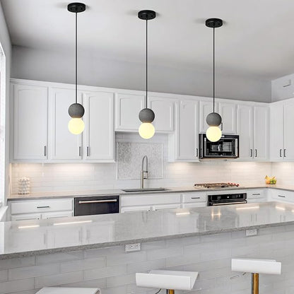Modern Black 1-Light Concrete Pendant Light Kitchen Island Ceiling Light Fixture White Glass Globe Ball Pendant Lighting for Dining Room Coffee Club Resturant Bar Living Room(3-Pack)