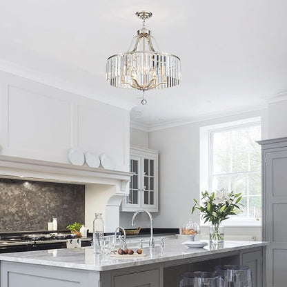 Modern Crystal Chandeliers Round 6-Light Large Brushed Nickel Pendant Lighting Fixture for Dining Room Living Room Kitchen Island Bedroom Hallway 21.7" Adjustable Height Hanging Lamp