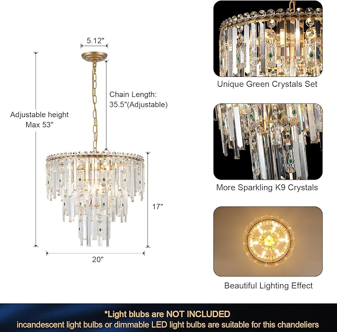 A AXILIXI Modern Chandelier for Dining Room Crystal Gold 20” Chandelier 3 Ties Ceiling Pendant Light Fixtures Round Chandelier with Adjustable Chain for Bedroom Entryway Staircase