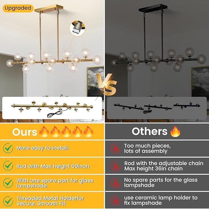 Gold Globe Chandelier Linear Rectangle Modern Chandelier Glass Pendant Light Fixture Adjustable for Dining Living Room Kitchen Island 55"