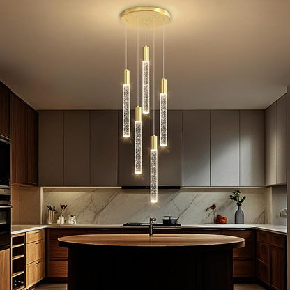 HAIXIANG 5-Lights Chandelier Modern Crystal Glam Light Remote Dimmable Pendant Lighting for Kitchen Island Dining Room Shiny Gold Light