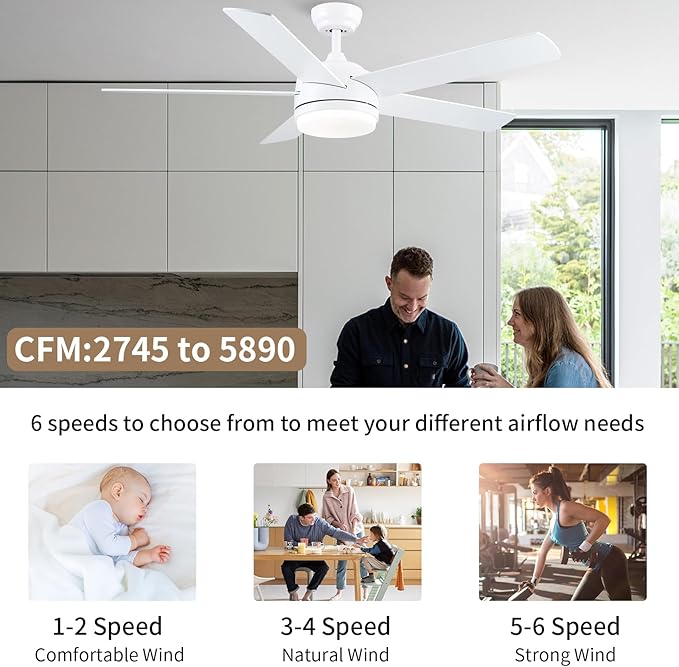 YUHAO 52 Inch White Ceiling Fan with Light and Remote Control.Noiseless,Dimmable,3CCT,6 Speeds Reversible, DC Ceiling Fans for Indoor or Covered Outdoor Use.ETL Listed