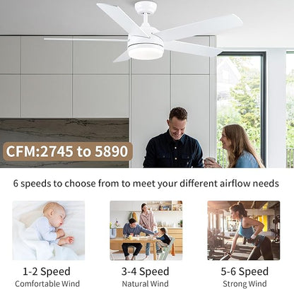 YUHAO 52 Inch White Ceiling Fan with Light and Remote Control.Noiseless,Dimmable,3CCT,6 Speeds Reversible, DC Ceiling Fans for Indoor or Covered Outdoor Use.ETL Listed