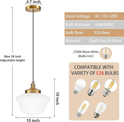 Bagood 10" Milk Glass Pendant Light Gold Schoolhouse Light Fixture Schoolhouse Pendant Light Milk Glass Light Fixture Mid Century Modern Ceiling Light for Bedroom Bathroom Kitchen Island (Bulb Incl)